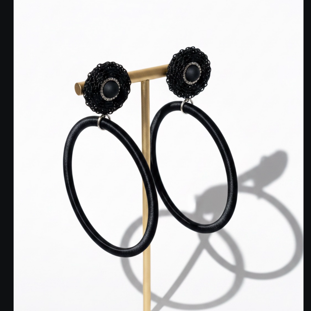 Noir Muse silk hoop earrings, black silk with chain detail, lightweight statement jewelry by Dana Kelly