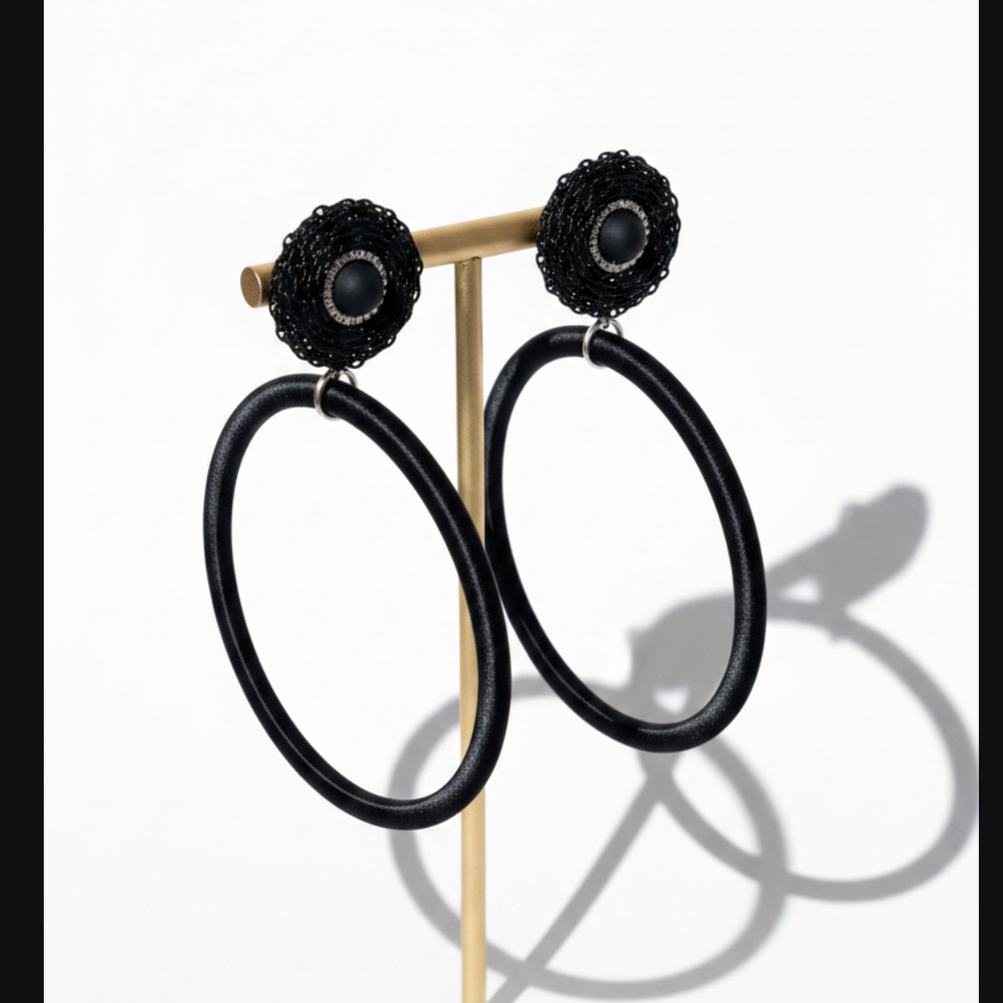 Noir Muse silk hoop earrings, black silk with chain detail, lightweight statement jewelry by Dana Kelly