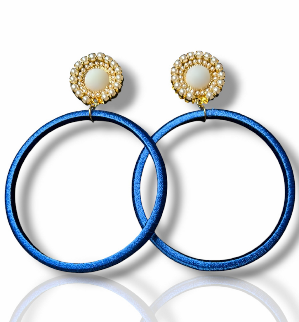 Royal Muse silk hoop earrings, blue silk with gold and pearl detail, lightweight statement jewelry by Dana Kelly