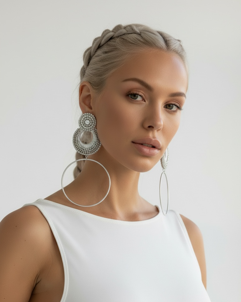 Luna Muse silk hoop earrings, white silk with pearl and rhinestone detail, lightweight statement jewelry by Dana Kelly