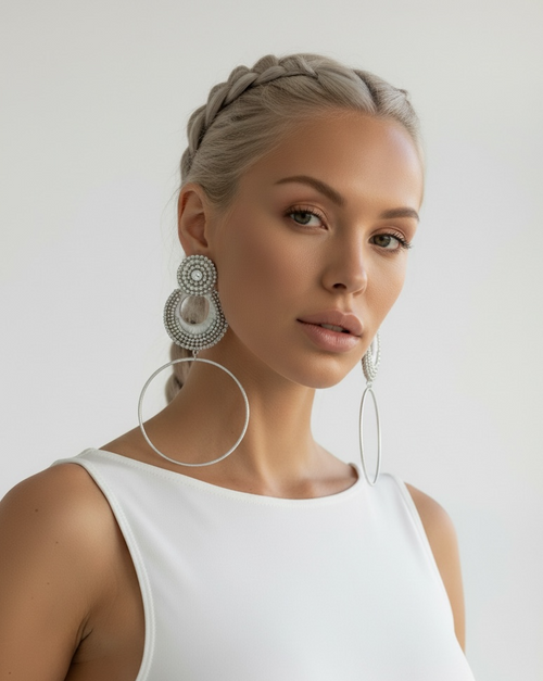 Luna Muse silk hoop earrings, white silk with pearl and rhinestone detail, lightweight statement jewelry by Dana Kelly