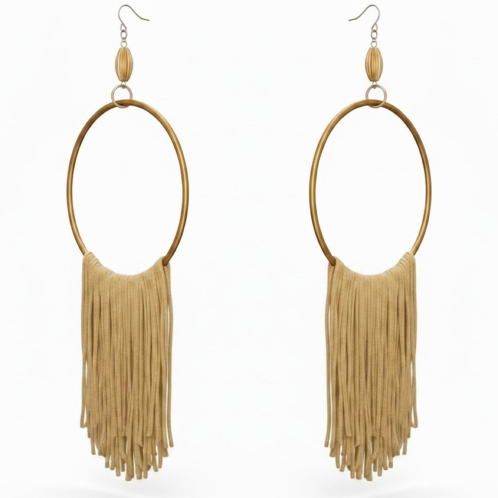 Golden Muse lightweight fringe earrings, gold silk wrapped hoop, handmade statement jewelry by Dana Kelly