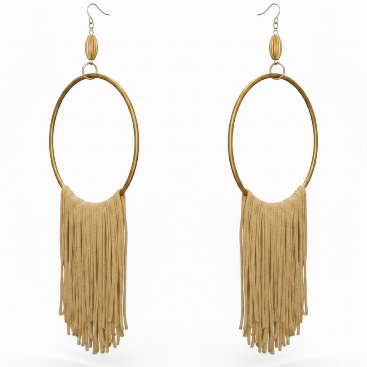 Golden Muse lightweight fringe earrings, gold silk wrapped hoop, handmade statement jewelry by Dana Kelly
