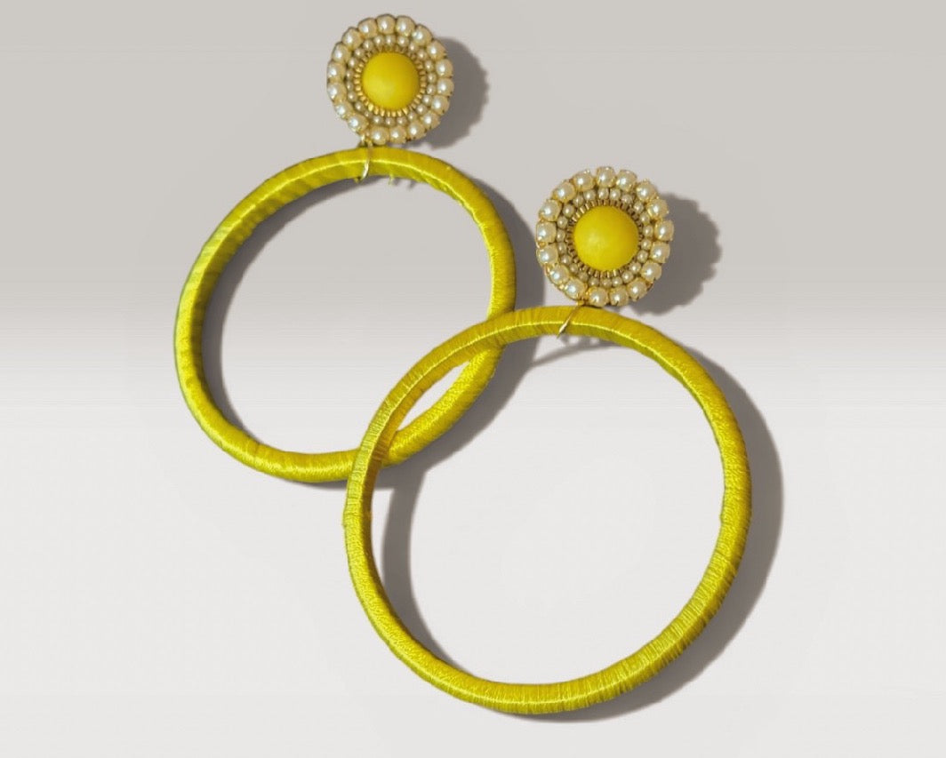 Soleil Muse silk hoop earrings, yellow silk with gold and pearl detail, lightweight statement jewelry by Dana Kelly