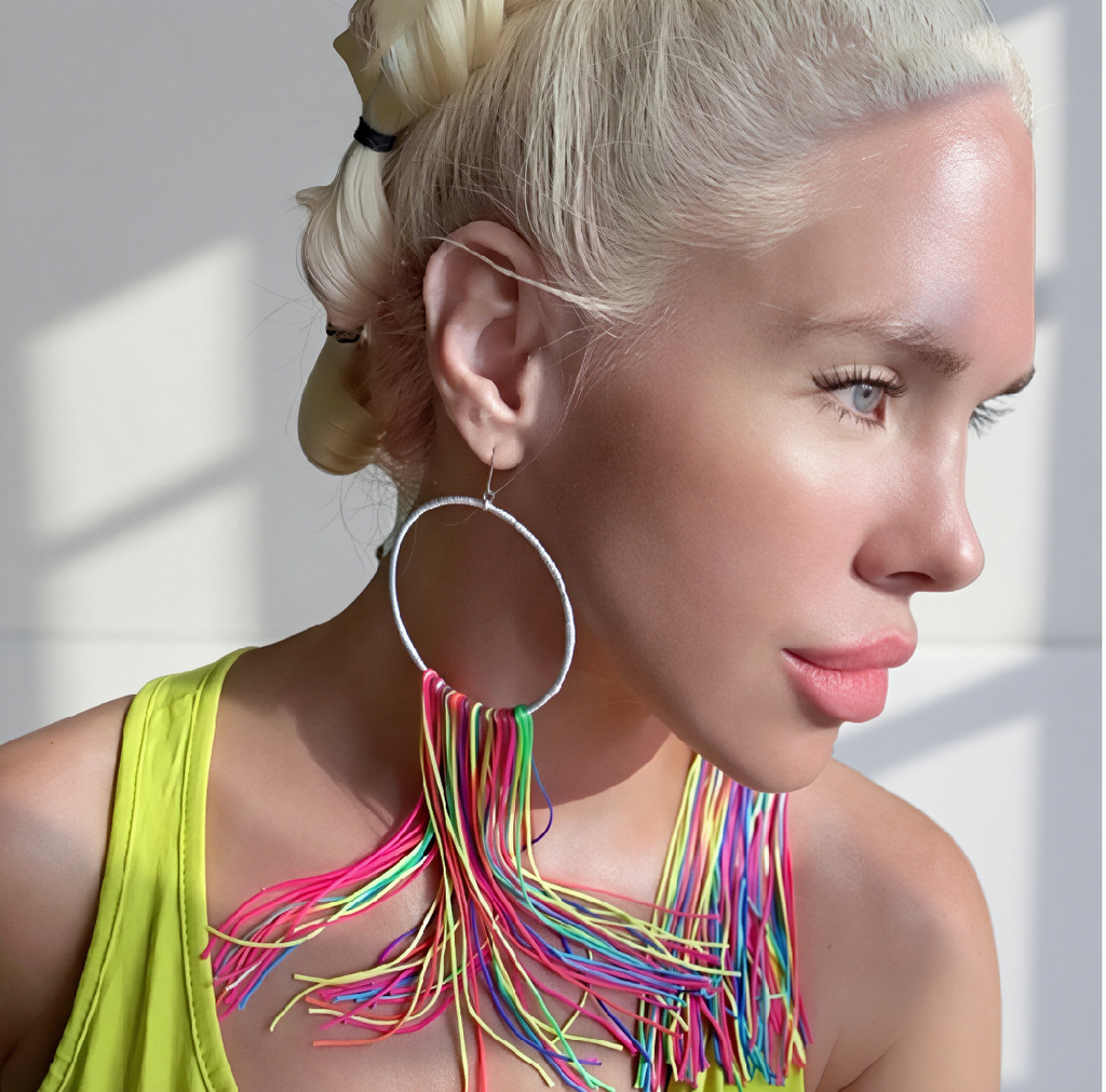 Vivid Muse lightweight fringe earrings, multicolor rainbow silk hoop, handmade statement jewelry by Dana Kelly