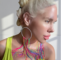 Vivid Muse lightweight fringe earrings, multicolor rainbow silk hoop, handmade statement jewelry by Dana Kelly