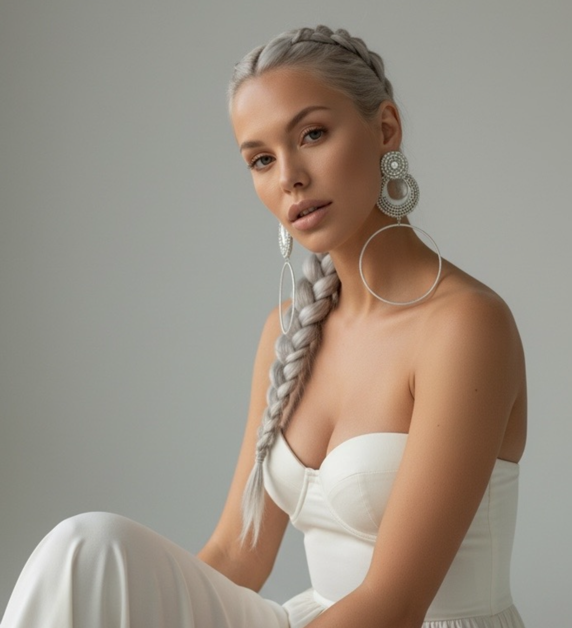 Luna Muse silk hoop earrings, white silk with pearl and rhinestone detail, lightweight statement jewelry by Dana Kelly