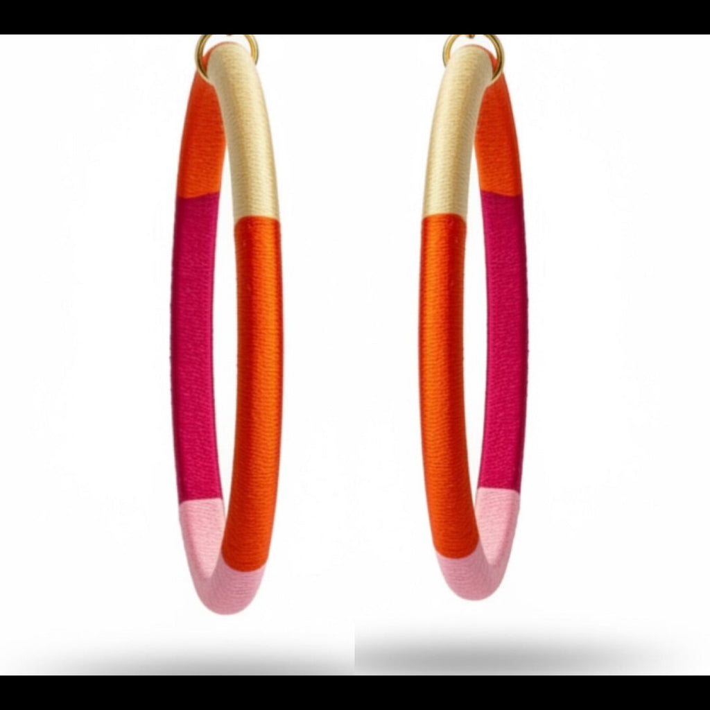 Sunkissed Muse silk hoop earrings, orange pink magenta cream silk, lightweight statement jewelry by Dana Kelly