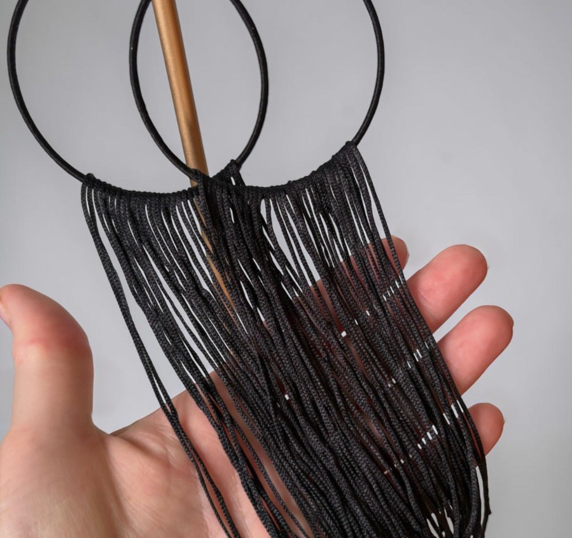 Midnight Muse lightweight fringe earrings, black silk hoop, silver french wire, handmade by Dana Kelly
