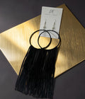 A pair of lightweight black fringe earrings, black silk wrapped hoops extra long, handmade by Dana Kelly Jewelry 