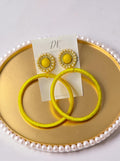 Soleil Muse, big yellow statement earrings, silk wrapped with gold and pearl detail, large lightweight jewelry, by Dana Kelly