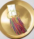A pair of long lightweight neon fringe earrings, green silk wrapped hoops, Dana Kelly Jewelry