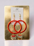 A pair of big hoop earrings, bright orange silk wrapped Jhumkas, statement earrings,  Dana Kelly Jewelry 