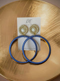 A pair of big lightweight hoop earrings, blue silk wrapped statement earrings , gold and pearl detail, Dana Kelly Jewelry 